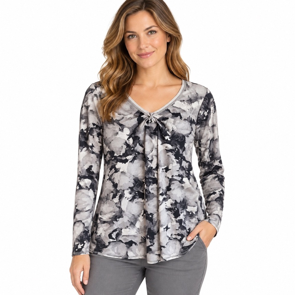 NEW Simply Vera Vera Wang Size Medium Gray Abstract Floral Knot Front Top NWT